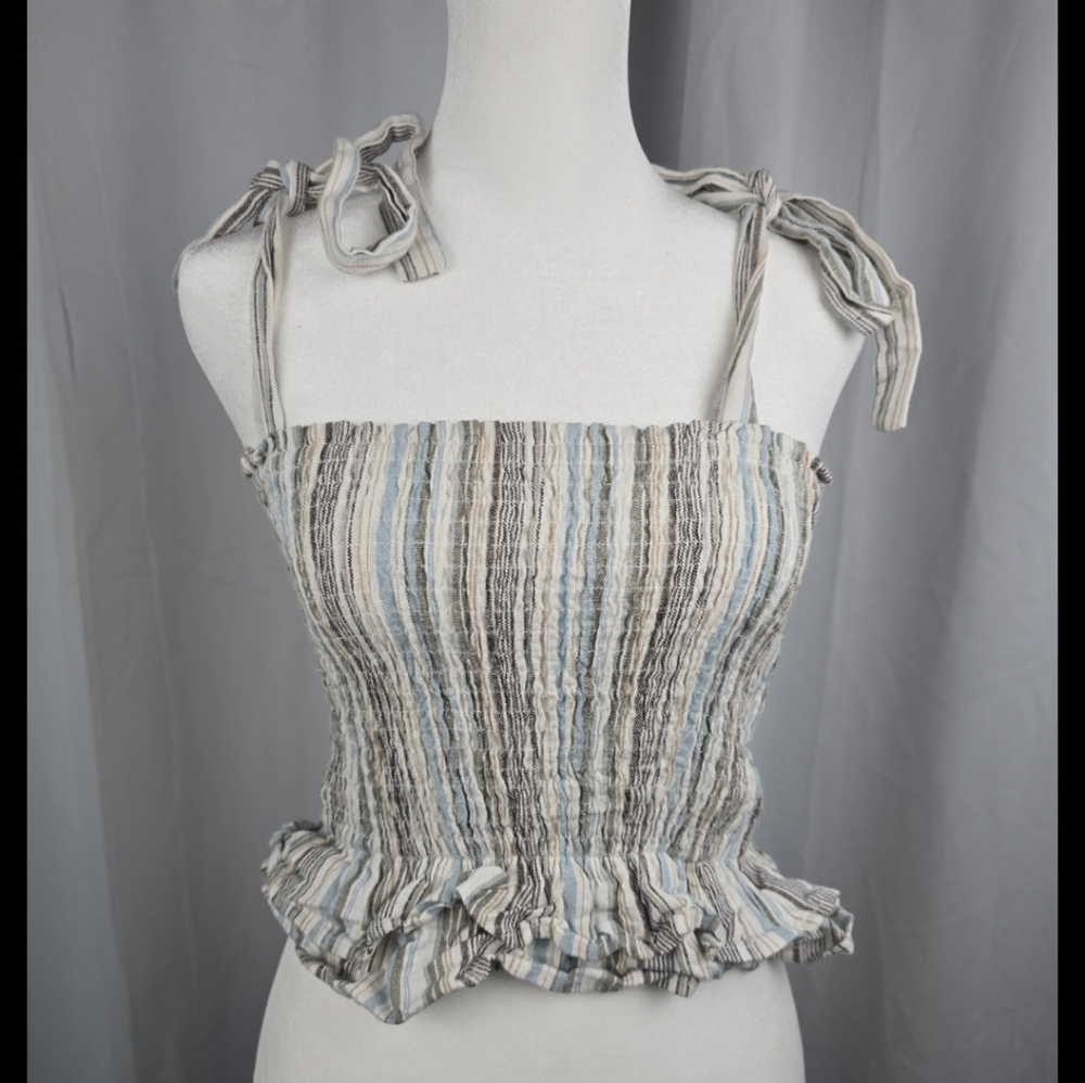 Smocked Tie Strap Cami Tank Top Small Linen Blend Striped Boho Bohemian Twiggy